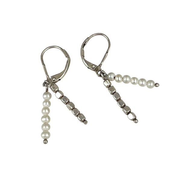 Sterling Silver & Pearl Dangle Earrings With Leverback Closure Vintage - Picture 8 of 8